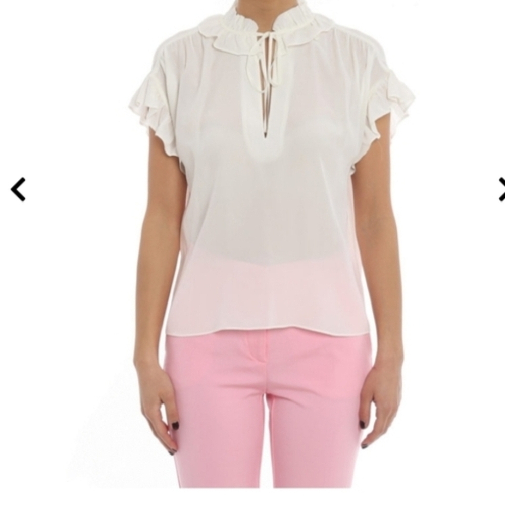 Pinko Libero Cream Ruffled Neck Blouse Size Large $71 NWT